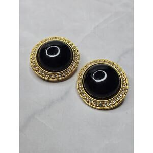 Embellished Gold Tone and Black Round Clip Earrings